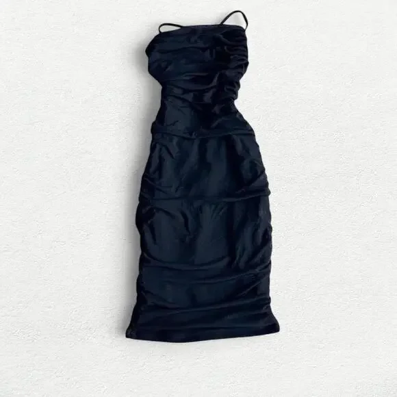 Oh Polly Everlasting Romance Cowl Neck Ruched Mini Dress in Black - Picture 1 of 8